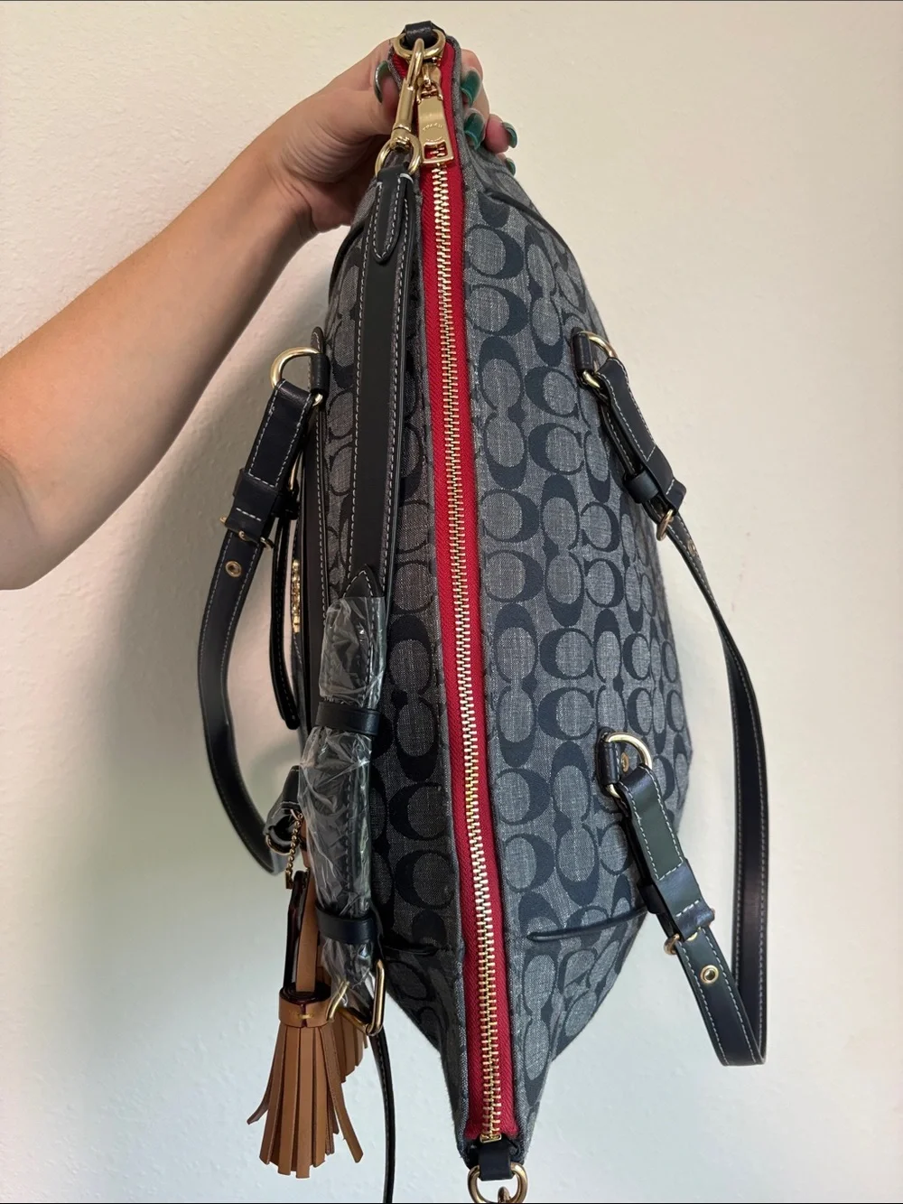 Coach Kleo Carryall in Signature Chambray Dark Blue Denim Tan Tassels - Picture 5 of 7